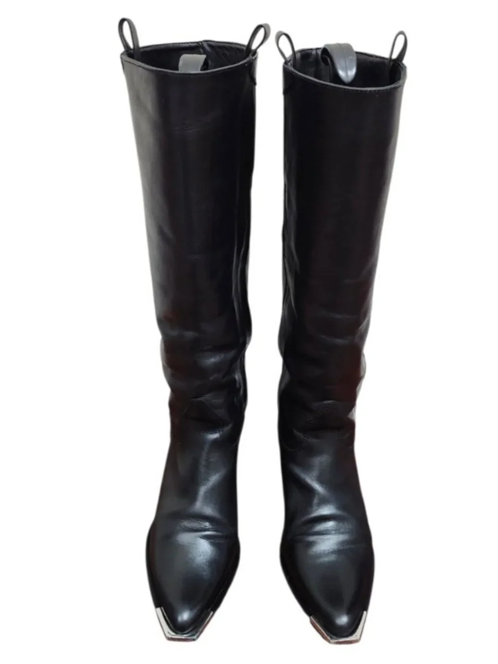 Schutz Black Leather Western Knee High Boots Silver Toe Cap Cowboy Riding 8.5B